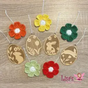 Gehäkelte Blumen und Holzeier – 9er-Set