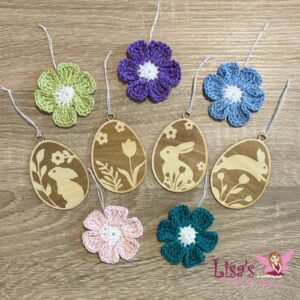 Gehäkelte Blumen und Holzeier – 9er-Set