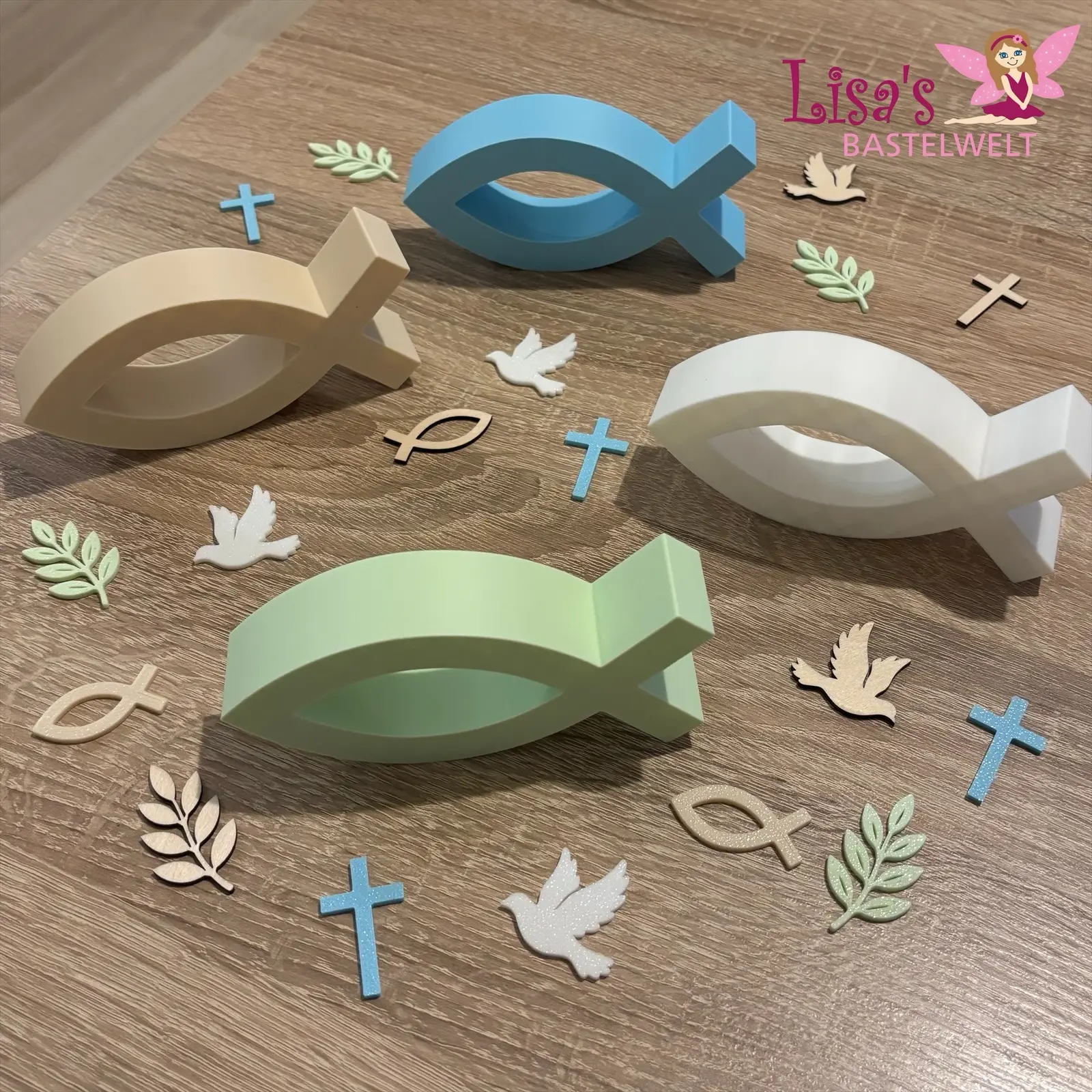 Tischdekoration Set - blau/grün/weiß/beige zur Taufe/Kommunion