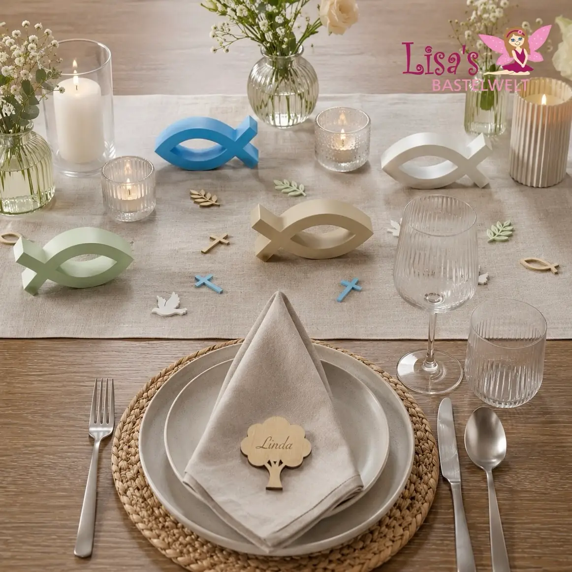 Tischdekoration Set - blau/grün/weiß/beige zur Taufe/Kommunion – Bild 4