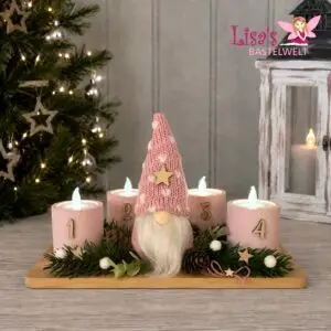 Adventgesteck „Wichtel“ rosa - 25 x 16 cm